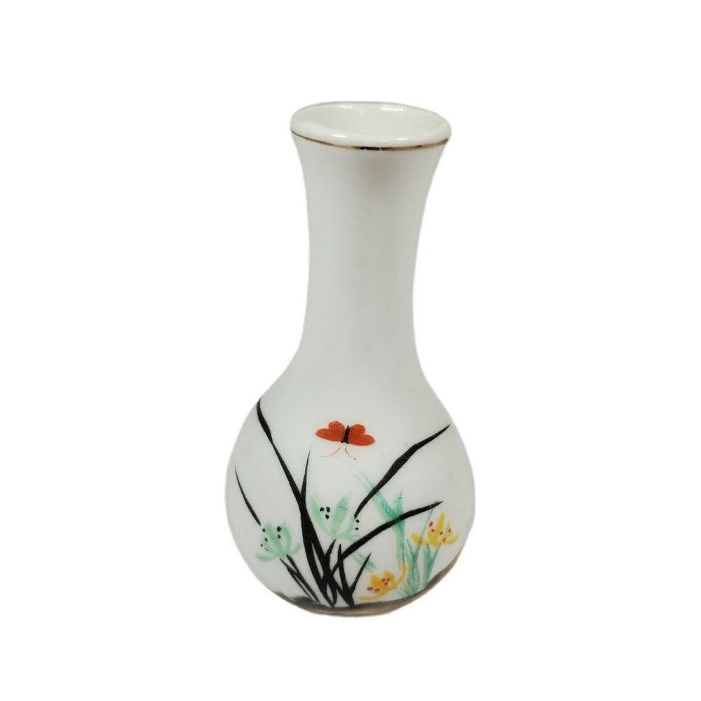 Vintage Orange Yellow Green Flowers Bud Vase 4" Tall Asian Miniature Mini